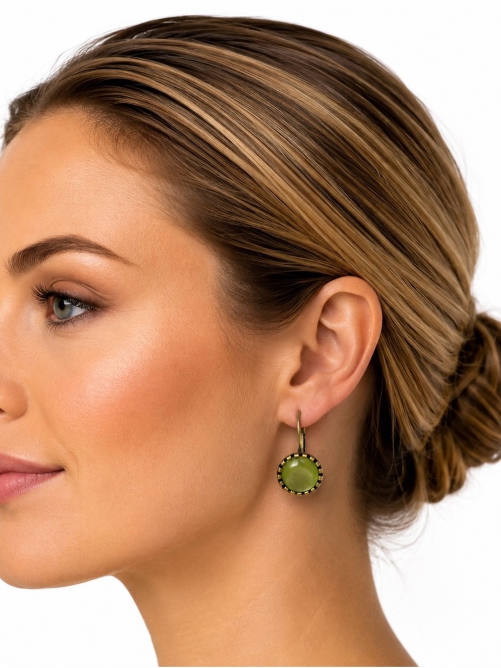 Green Glass Drop Earrings - with bronze setting